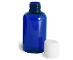 Plastic Bottles, Blue PET Boston Round Bottles w/ White Disc Top Caps
