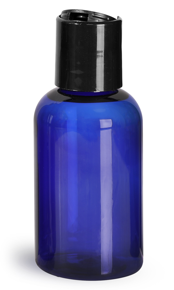 2 oz Blue PET Boston Round Bottles w/ Black Disc Top Caps