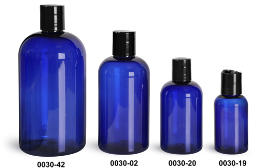 Plastic Bottles, Blue PET Boston Round Bottles w/ Black Disc Top Caps