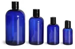 Plastic Bottles, Blue PET Boston Round Bottles w/ Black Disc Top Caps