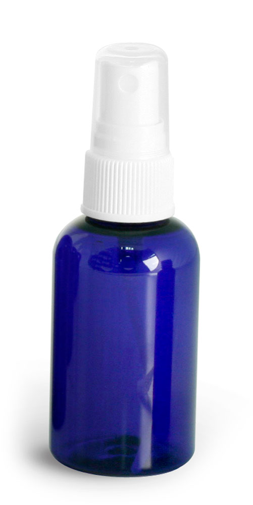 2 oz Blue PET Boston Round Bottles w/ White Fine Mist Sprayers