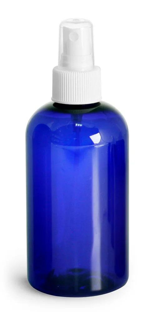 4 oz Blue PET Boston Round Bottles w/ White Fine Mist Sprayers