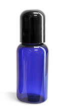 Plastic Bottles, Blue PET Boston Round Bottles With Smooth Black Dome Caps