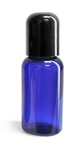 Plastic Bottles, Blue PET Boston Round Bottles With Smooth Black Dome Caps