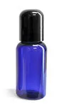 Plastic Bottles, Blue PET Boston Round Bottles w/ Smooth Black Dome Caps
