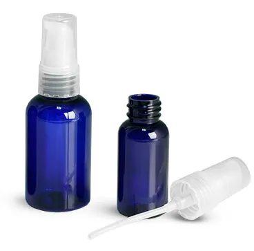 Plastic Bottles, Blue PET Boston Round Bottles w/ Natural Treatment Pumps