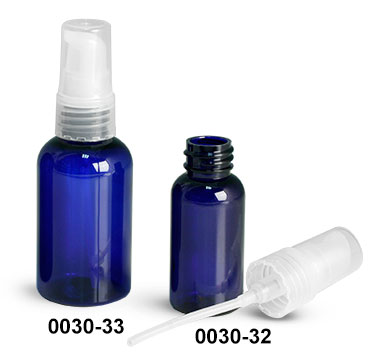 Plastic Bottles, Blue PET Boston Round Bottles w/ Natural Treatment Pumps
