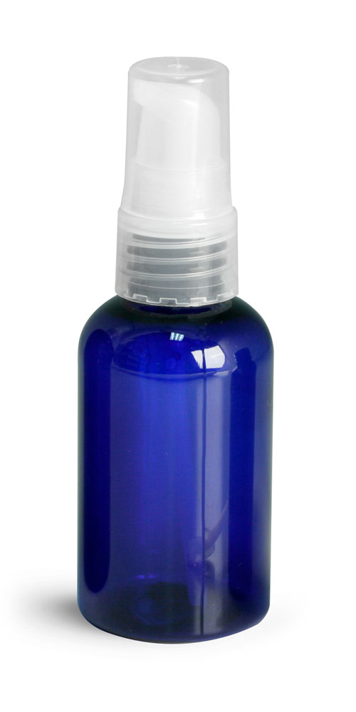 2 oz Blue PET Boston Round Bottles w/ Natural Treatment Pumps