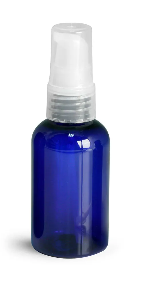 2 oz Blue PET Boston Round Bottles w/ Natural Treatment Pumps