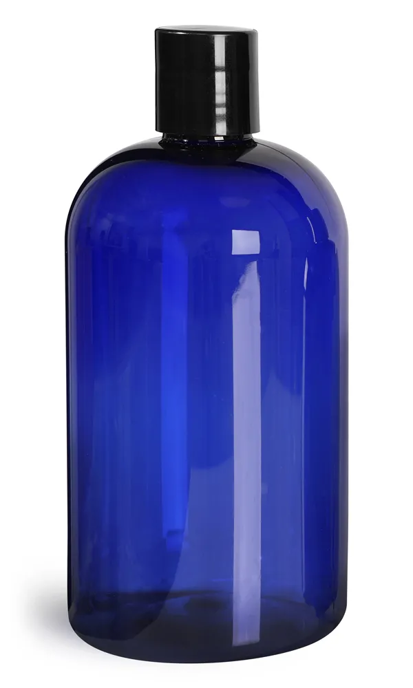 16 oz Blue PET Boston Round Bottles w/ Black Disc Top Caps