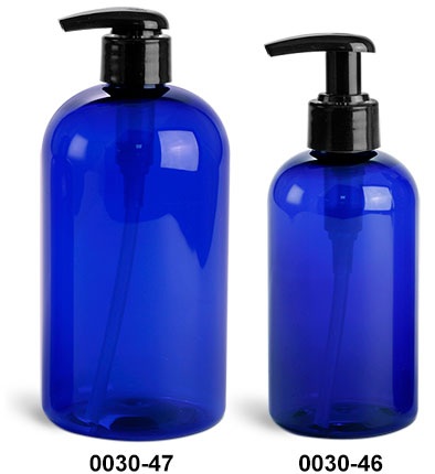 Plastic Bottles, Blue PET Boston Round Bottles w/ 2 Cc Black Lotion Pumps
