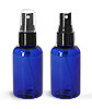 Plastic Bottles, Blue PET Boston Round Bottles w/ Smooth Black Fine Mist Sprayers