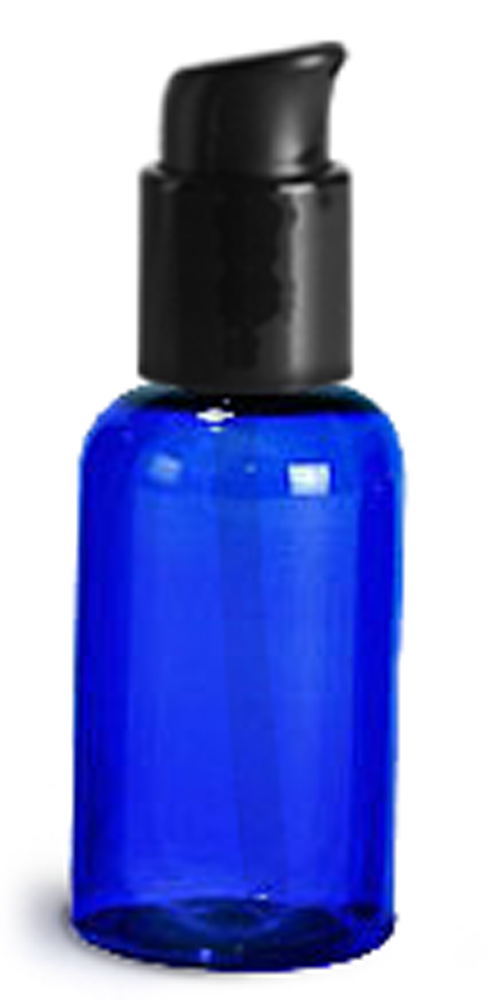 2 oz Blue PET Boston Round Bottles w/ Black Treatment Pumps