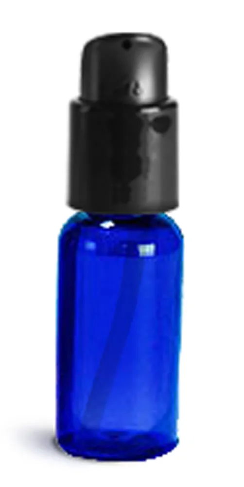 1 oz Blue PET Boston Round Bottles w/ Black Treatment Pumps