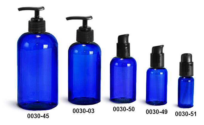 Plastic Bottles, Blue PET Boston Round Bottles w/ Black Pumps