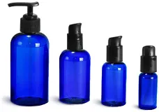 Blue PET Boston Round Bottles w/ Black Pumps