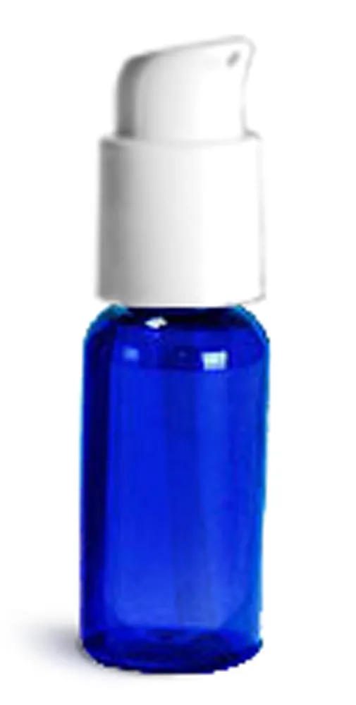 1 oz  Blue PET Boston Round Bottles w/ White Treatment Pumps