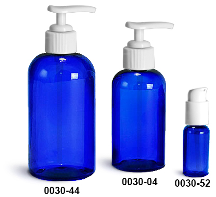Plastic Bottles, Blue PET Boston Round Bottles w/ White Pumps