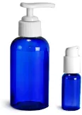 Blue PET Boston Round Bottles w/ White Pumps
