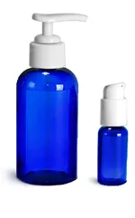 Plastic Bottles, Blue PET Boston Round Bottles w/ White Pumps
