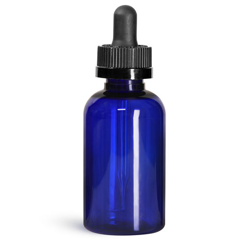 PET Plastic Bottles, 2 oz Blue Boston Round Bottles w/ Black Child Resistant Droppers