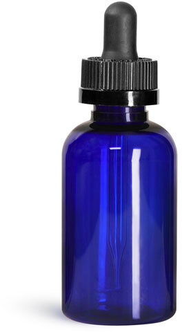 2 oz Blue PET Boston Round Bottles w/ Black Child Resistant Droppers