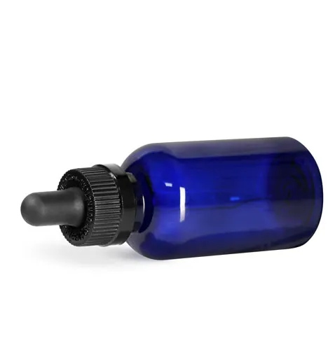 PET Plastic Bottles, 2 oz Blue Boston Round Bottles w/ Black Child Resistant Droppers