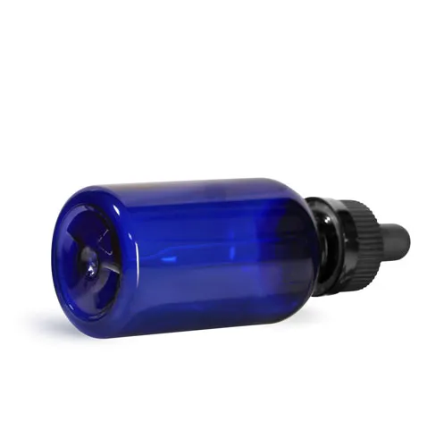 PET Plastic Bottles, 2 oz Blue Boston Round Bottles w/ Black Child Resistant Droppers