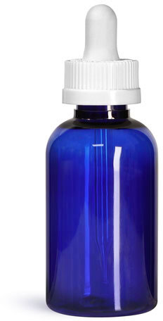 2 oz Blue PET Boston Round Bottles w/ White Child Resistant Droppers