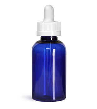 Plastic Bottles, 2 oz Blue PET Boston Round Bottles w/ White Child Resistant Droppers