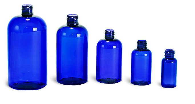 Blue PET Boston Round Bottles (Bulk), Caps NOT Included