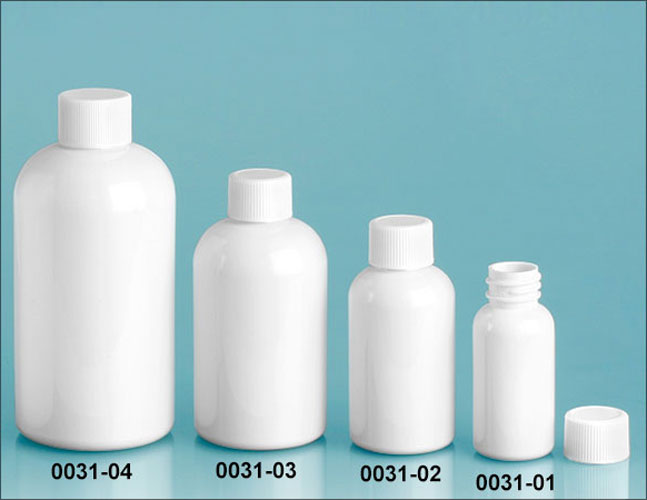 Plastic Bottles, White PET Round Bottles w/ White Ribbed Polypro Caps