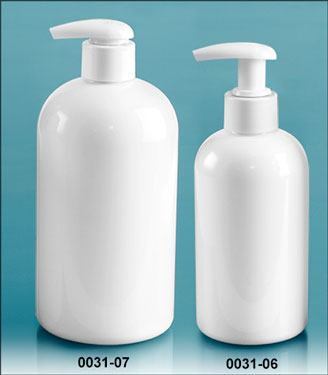 Plastic Bottles, White PET Boston Rounds w/ 2 cc White Lotion Pumps