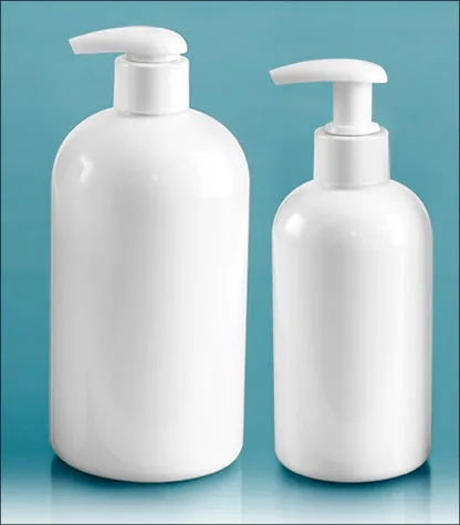 PET Plastic Bottles, White Boston Round Bottles w/ 2 cc White Lotion Pumps
