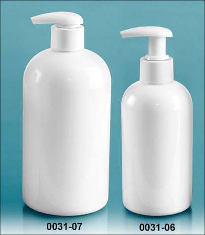 Plastic Bottles, White PET Boston Rounds w/ 2 cc White Lotion Pumps