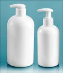 PET Plastic Bottles, White Boston Round Bottles w/ 2 cc White Lotion Pumps