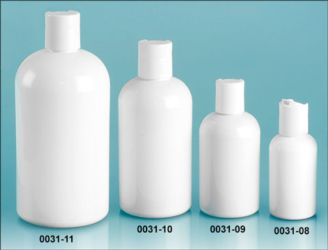 Plastic Bottles, White PET Round Bottles w/ White Disc Top Caps