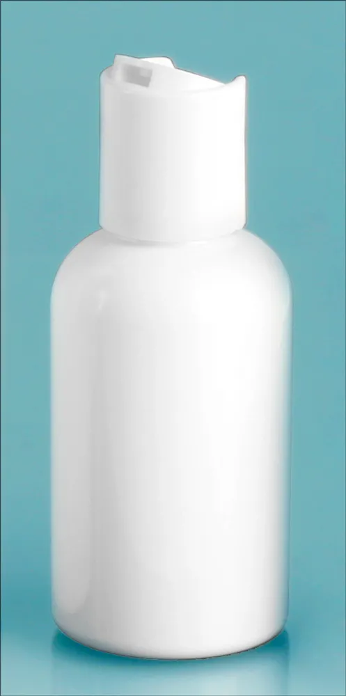 2 oz White PET Round Bottles w/ White Disc Top Caps