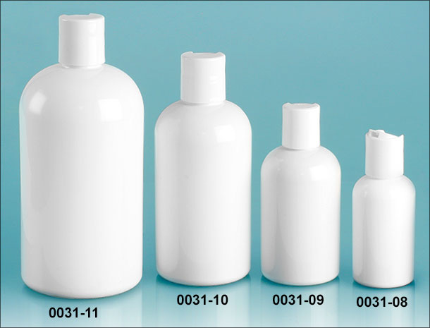 Plastic Bottles, White PET Round Bottles w/ White Disc Top Caps