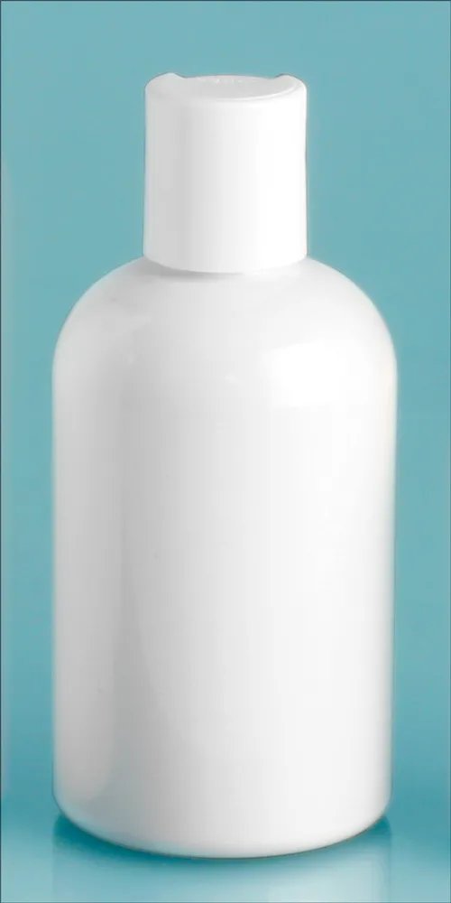 4 oz White PET Round Bottles w/ White Disc Top Caps