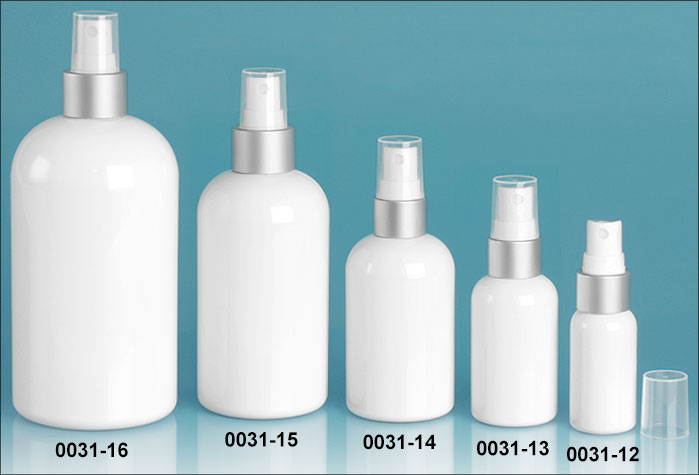 Plastic Bottles, White PET Boston Rounds with White Sprayers w/ Brushed Aluminum Collars