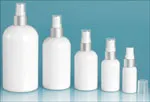 PET Plastic Bottles, White Boston Round Bottles w/ White Brushed Aluminum Sprayers
