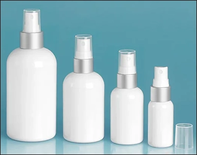 PET White Boston Round Bottles w/ White Brushed Aluminum Sprayers