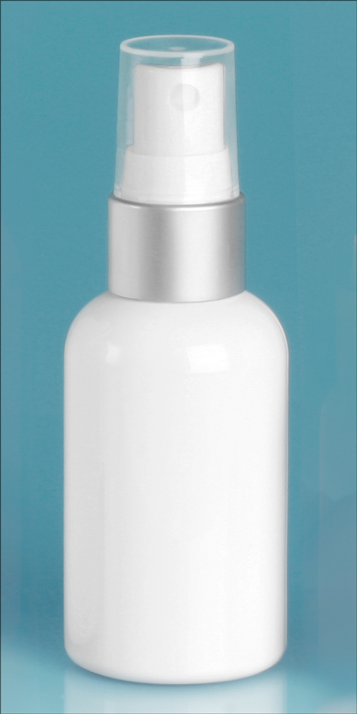 2 oz White PET Boston Rounds w/ White Brushed Aluminum Sprayers