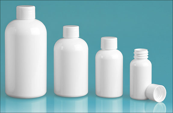 PET Plastic Bottles, White Boston Round Bottles w/ White Smooth Lined Caps