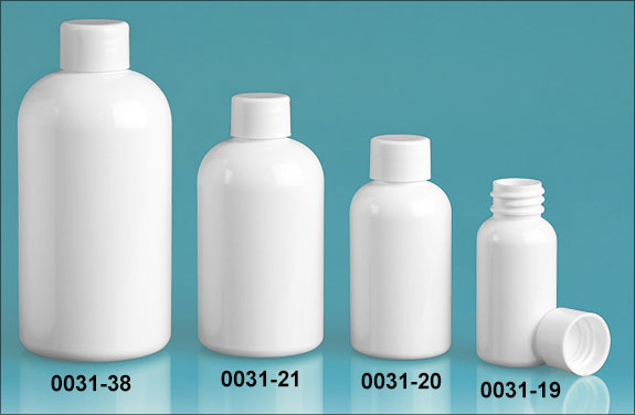Plastic Bottles, White PET Boston Rounds With White Smooth Lined Caps