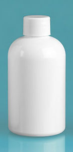 PET Plastic Bottles, White Boston Round Bottles w/ White Smooth Lined Caps