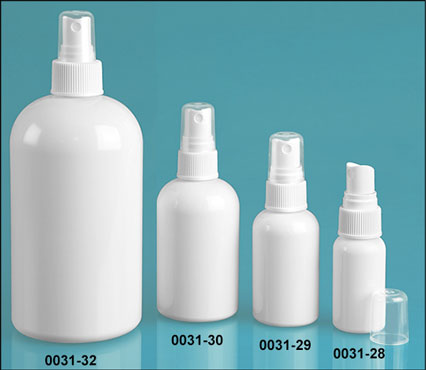 Plastic Bottles, White PET Boston Rounds w/ White Fine Mist Sprayers