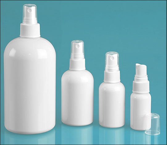 PET Plastic Bottles, White Boston Round Bottles w/ White Fine Mist Sprayers