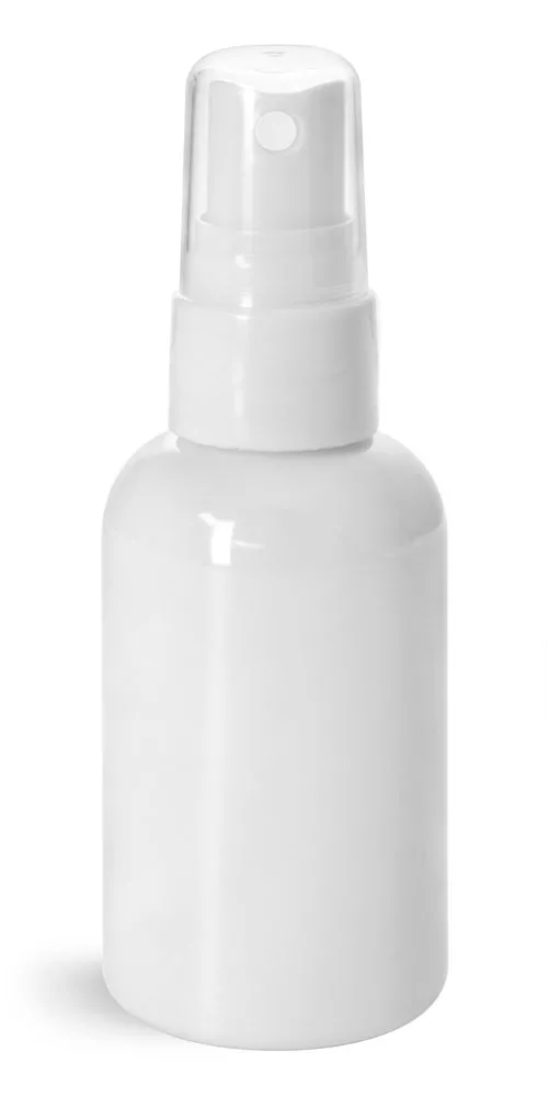 2 oz Plastic Bottles, White PET Boston Rounds w/ Smooth White Fine Mist Sprayers